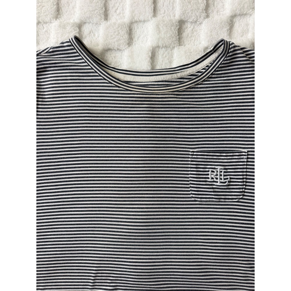Lauren Ralph Lauren Striped Pocket Sleep Shirt Navy/White LRL Logo Sz L